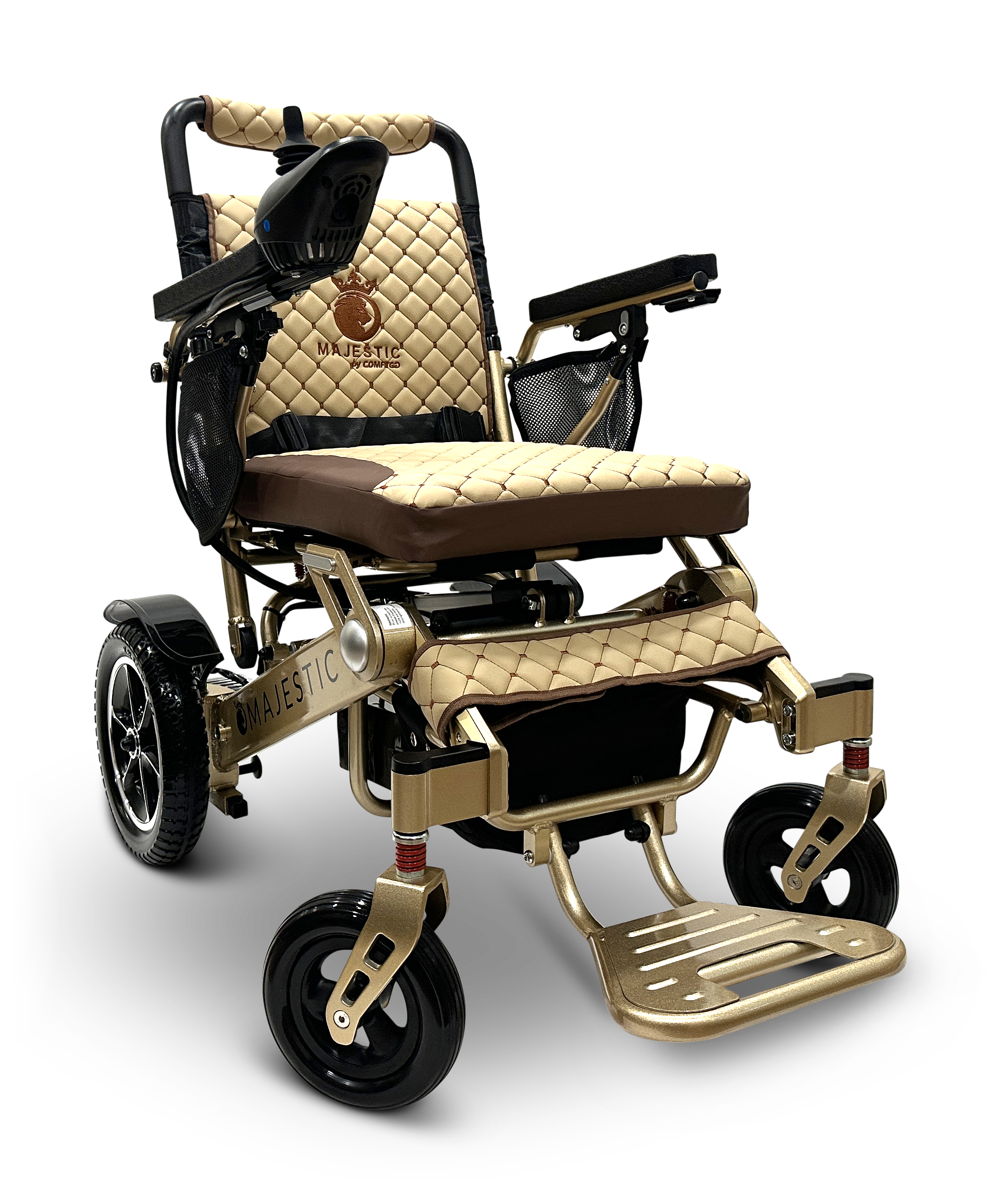 Introducing the MAJESTIC IQ-7000 Remote Controlled Electric Wheelchair: a luxurious, lightweight design featuring a sleek black frame adorned with Majestic branding. Its standout features include a beige and black quilted seat and backrest, sturdy wheels, comfortable armrests, and a convenient footrest.